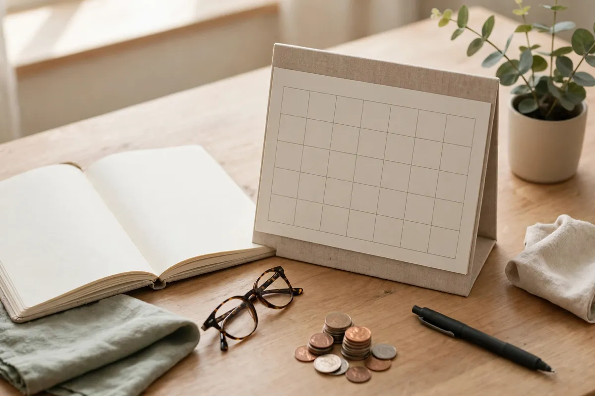 A notebook, a blank calendar, coins, and a pen on a table for budget planning