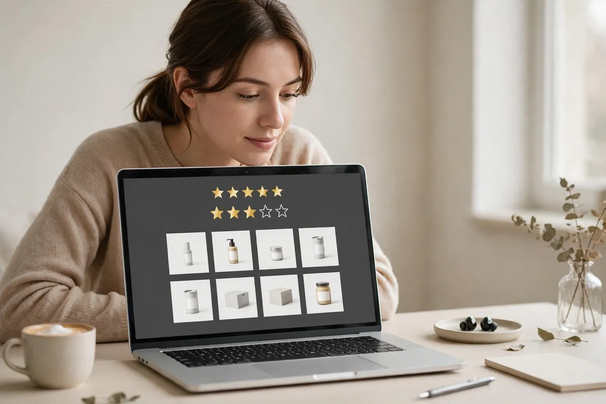A person checking product details and star ratings on a laptop screen