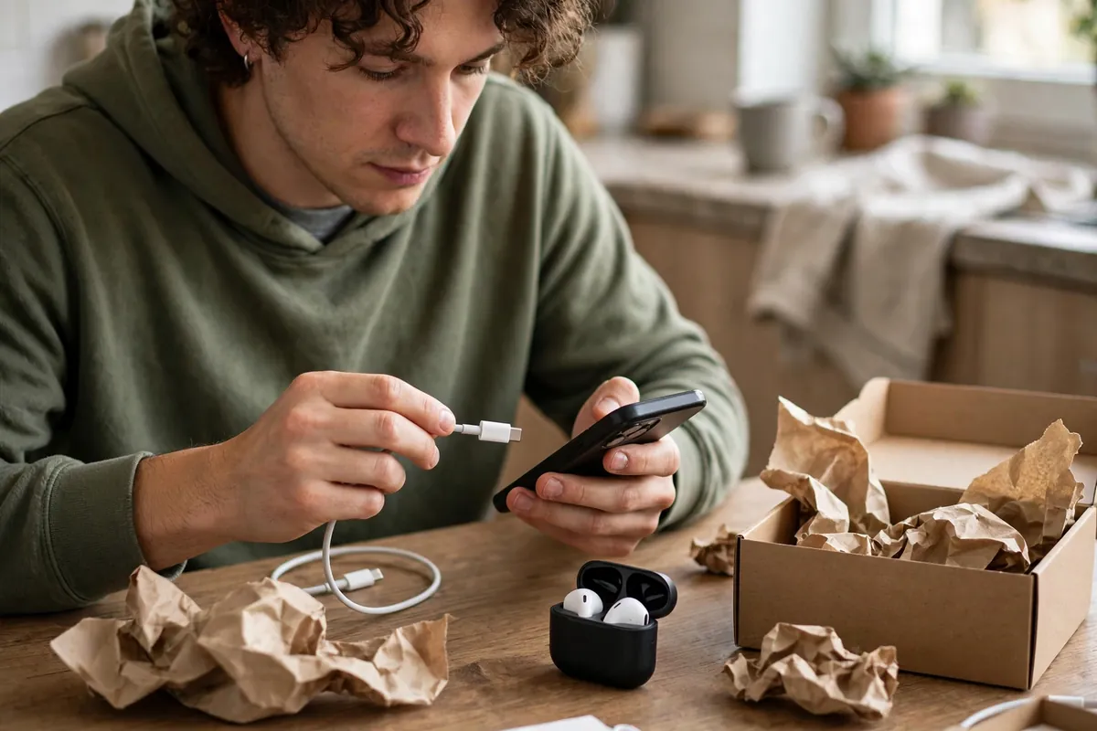 A person at a table holding a phone and a charger cable next to a small unwrapped tech gift, checking that the plug and cable fit