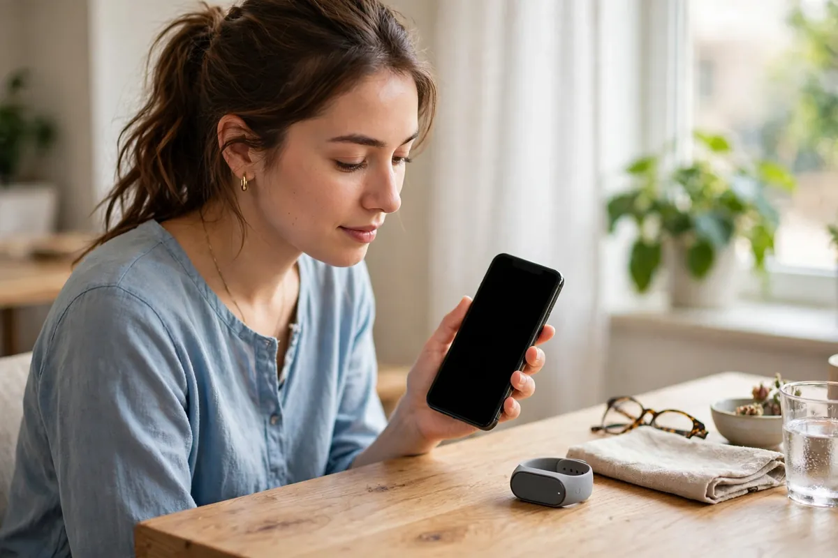 A person checking a phone with a blank screen while a small gadget sits on the table