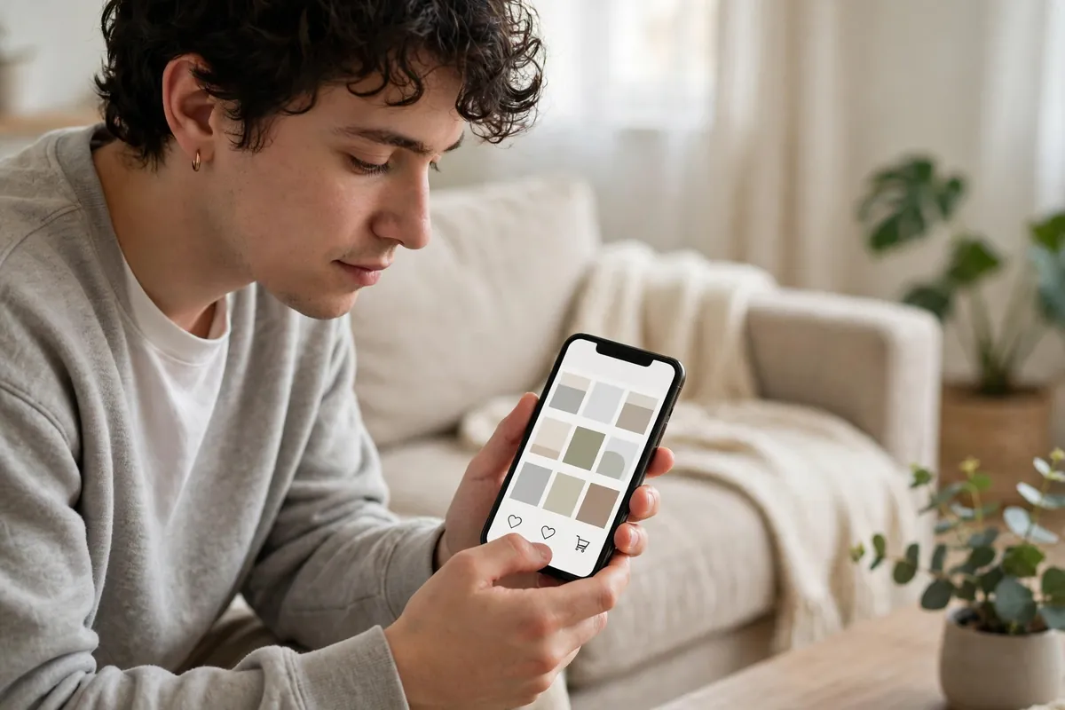A person using a phone shopping app at home