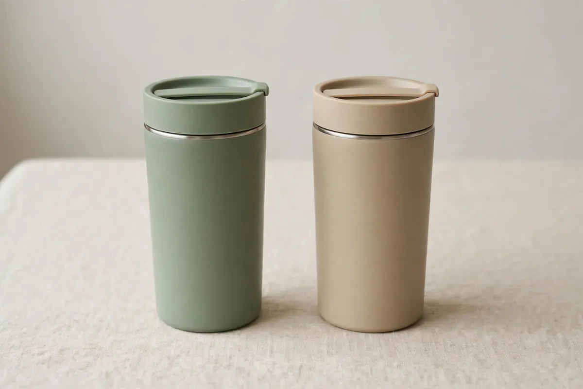 Two similar travel mugs placed side by side on a table for comparison