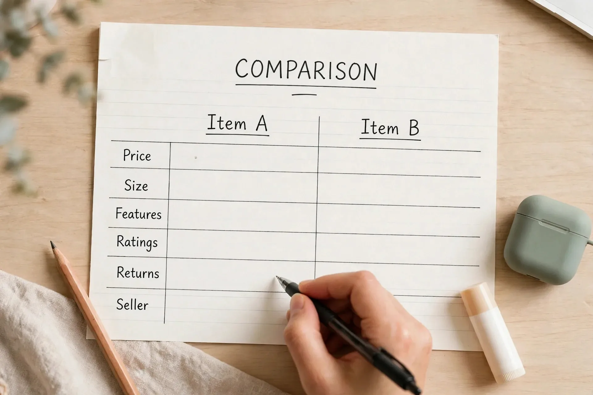 Comparison note sheet being filled