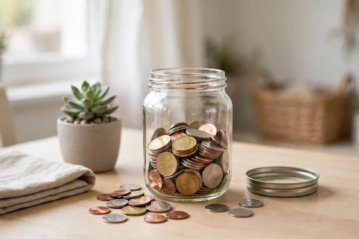Coins in a glass jar on a desk