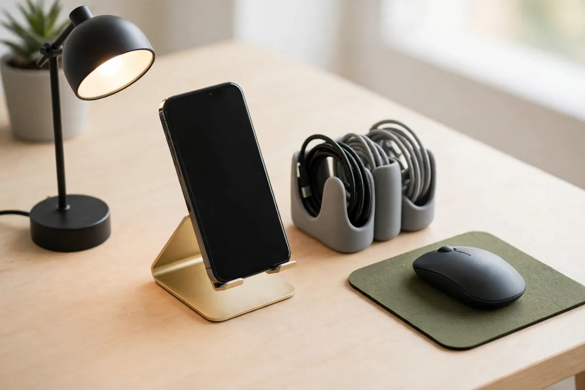 Small desk gadgets on a tidy desk, including a phone stand, a desk lamp, and a cable organizer