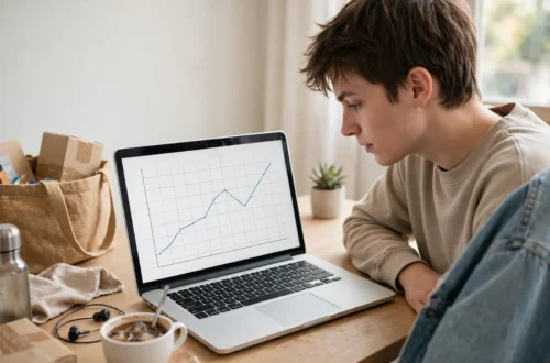 A person checking a price graph on a laptop