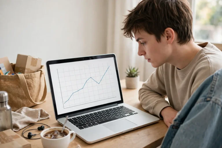 A person checking a price graph on a laptop