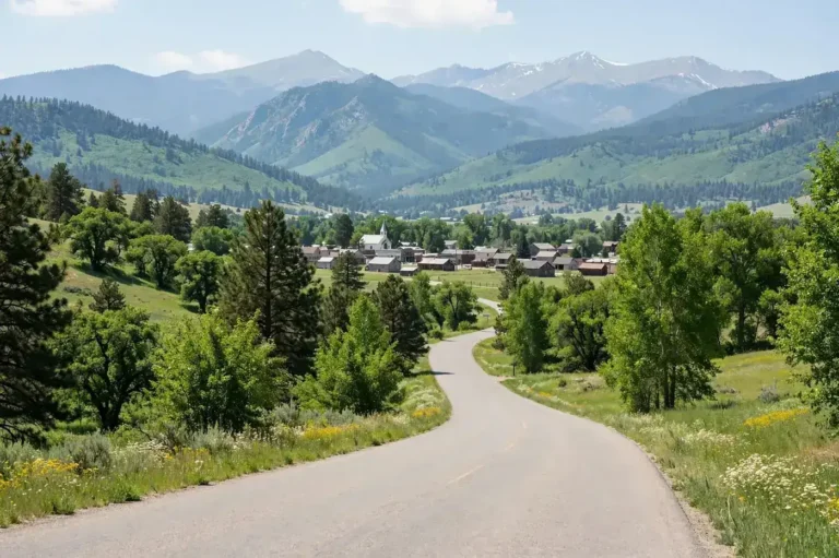 A scenic road through mountains near a small town