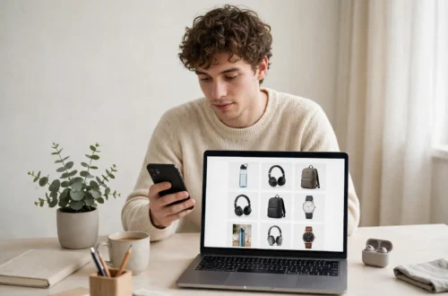 A person comparing products on a laptop