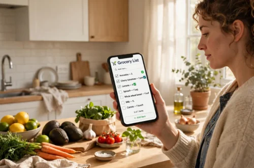 Woman using grocery shopping apps on a phone in a kitchen