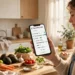 Woman using grocery shopping apps on a phone in a kitchen