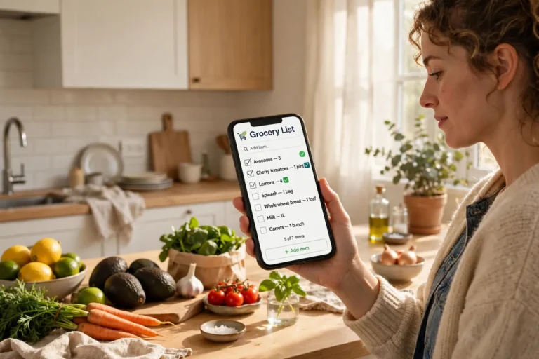 Woman using grocery shopping apps on a phone in a kitchen