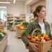 A person holding a shopping basket with fresh vegetables and fruit in a bright grocery store