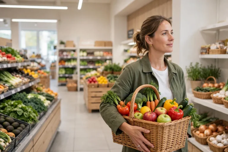 A person holding a shopping basket with fresh vegetables and fruit in a bright grocery store