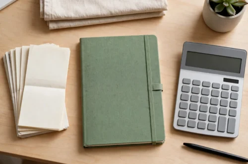 A home desk with bills, a notebook and a calculator
