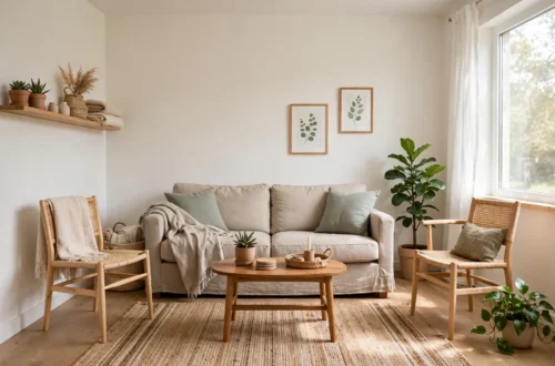 A bright living room with a sofa, cushions and plants