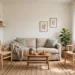 A bright living room with a sofa, cushions and plants