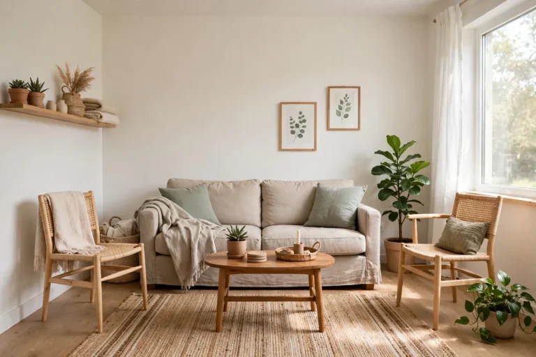 A bright living room with a sofa, cushions and plants