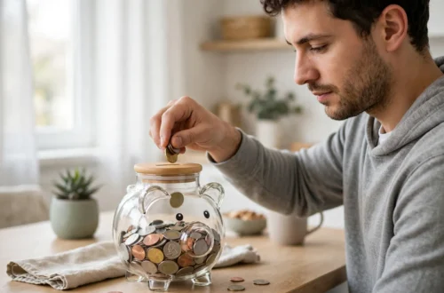 A person putting coins into a saving jar