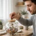 A person putting coins into a saving jar