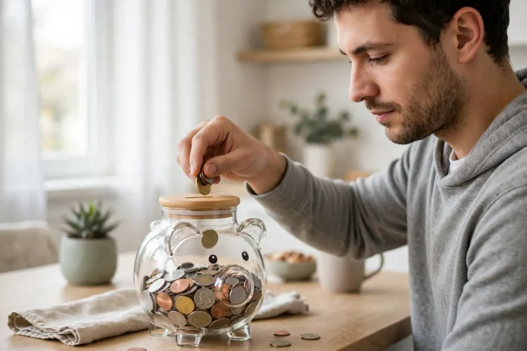 A person putting coins into a saving jar