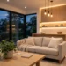 A modern living room with warm lights in the evening
