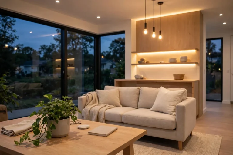 A modern living room with warm lights in the evening