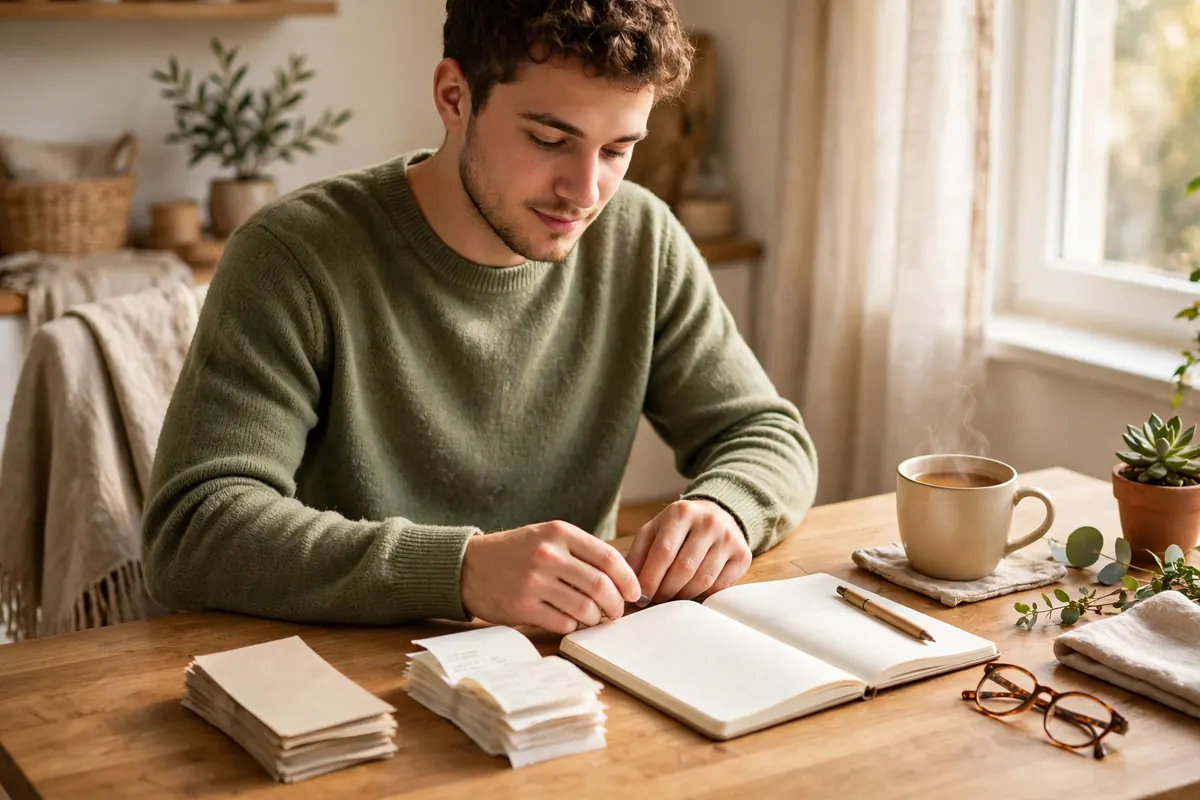 A person doing a first money check with a notebook, pen, and bills sorted into simple piles