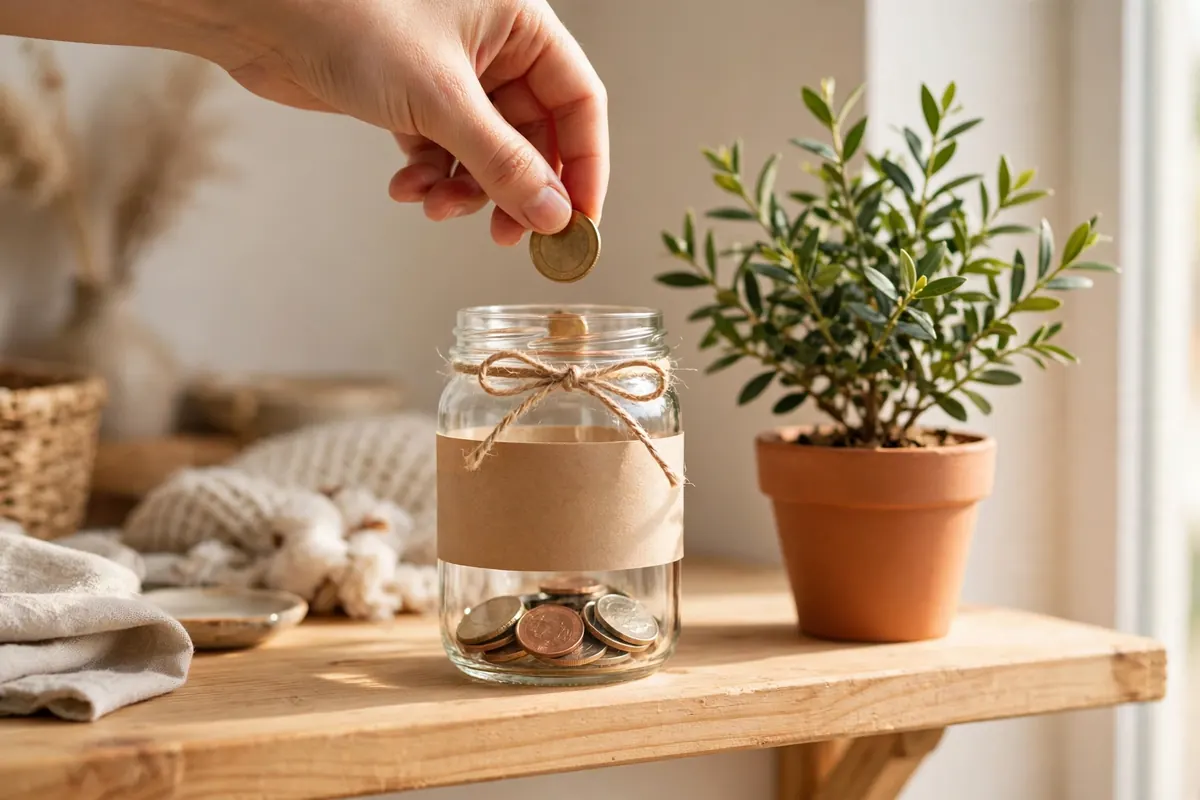 A hand dropping a coin into a clear glass savings jar kept as a small-goal reminder at home