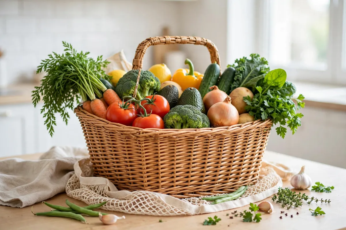A shopping basket full of fresh vegetables and fruit