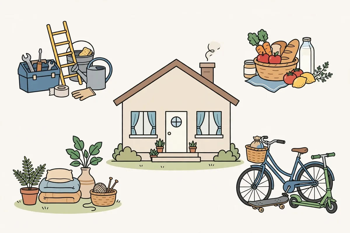 A house with everyday items around it, including food, tools, and a bicycle