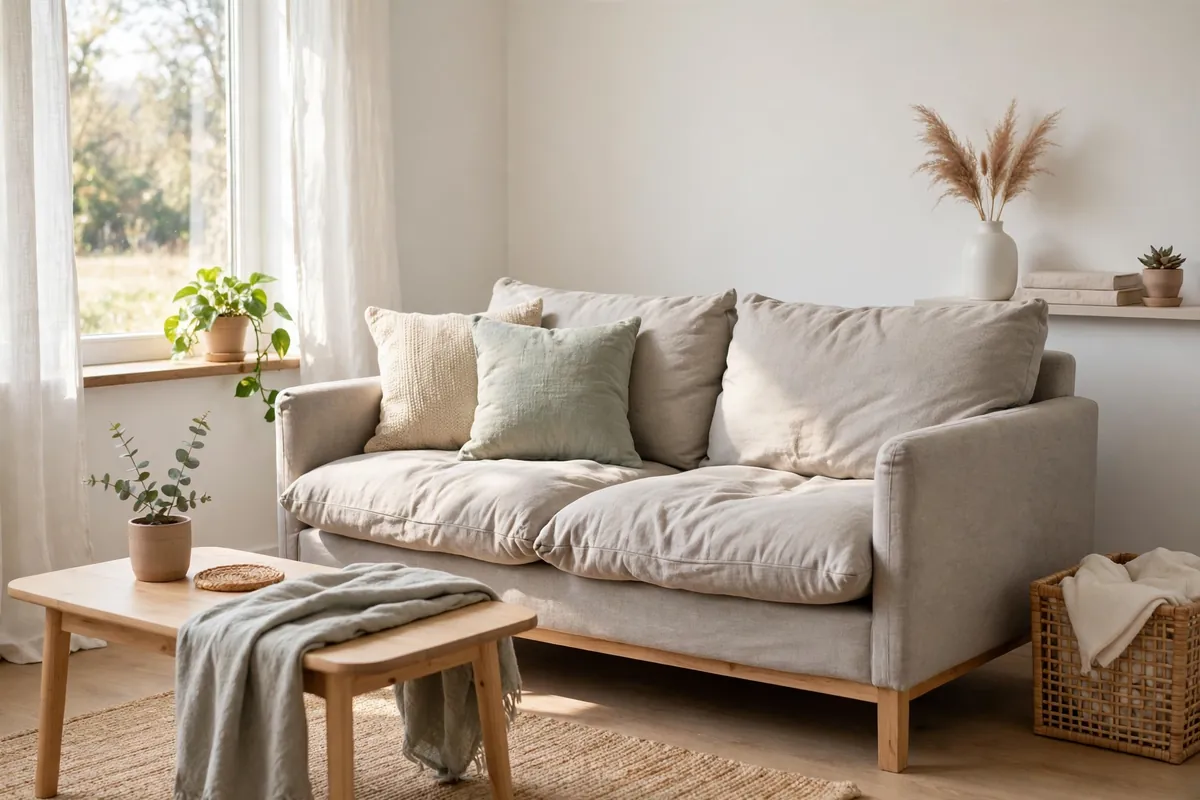 A simple sofa with soft cushions in a bright living room