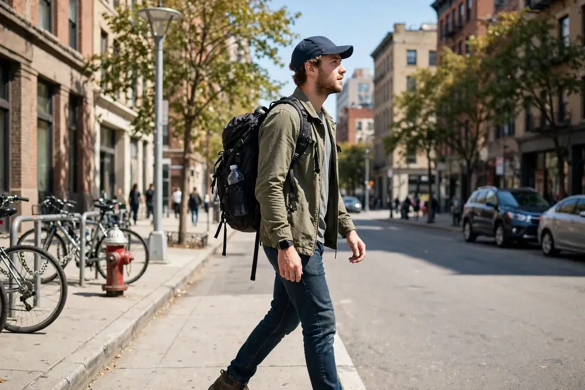 A traveler with a backpack walking along a city street