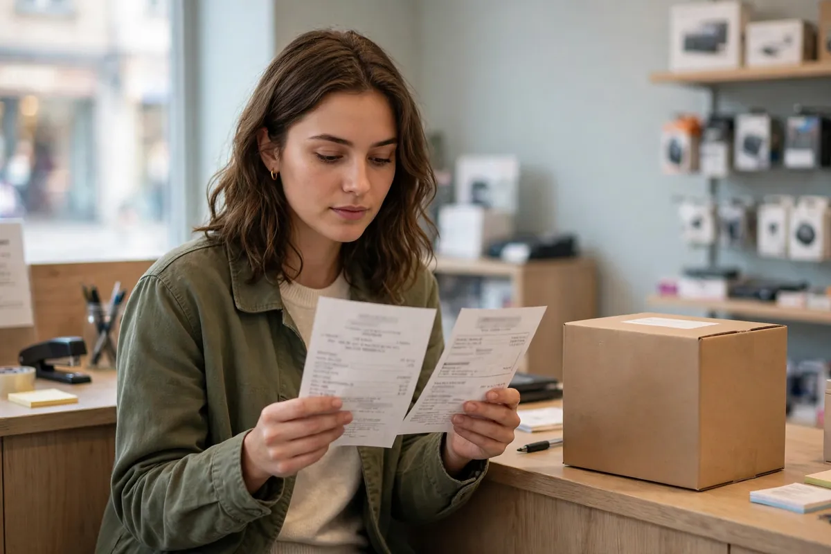 A shopper reading a receipt and warranty card at a counter, with a boxed product beside them