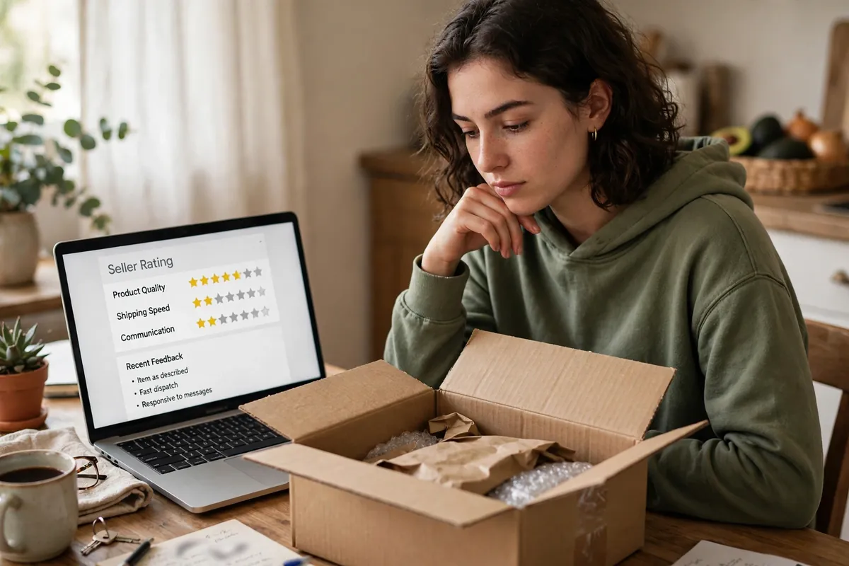 A person examining a delivered parcel box next to a laptop showing a seller page