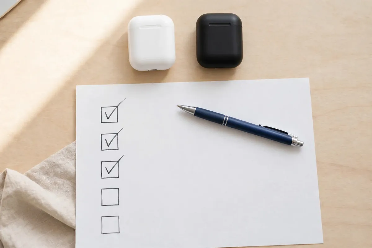 A checklist with two products being compared side by side on a desk