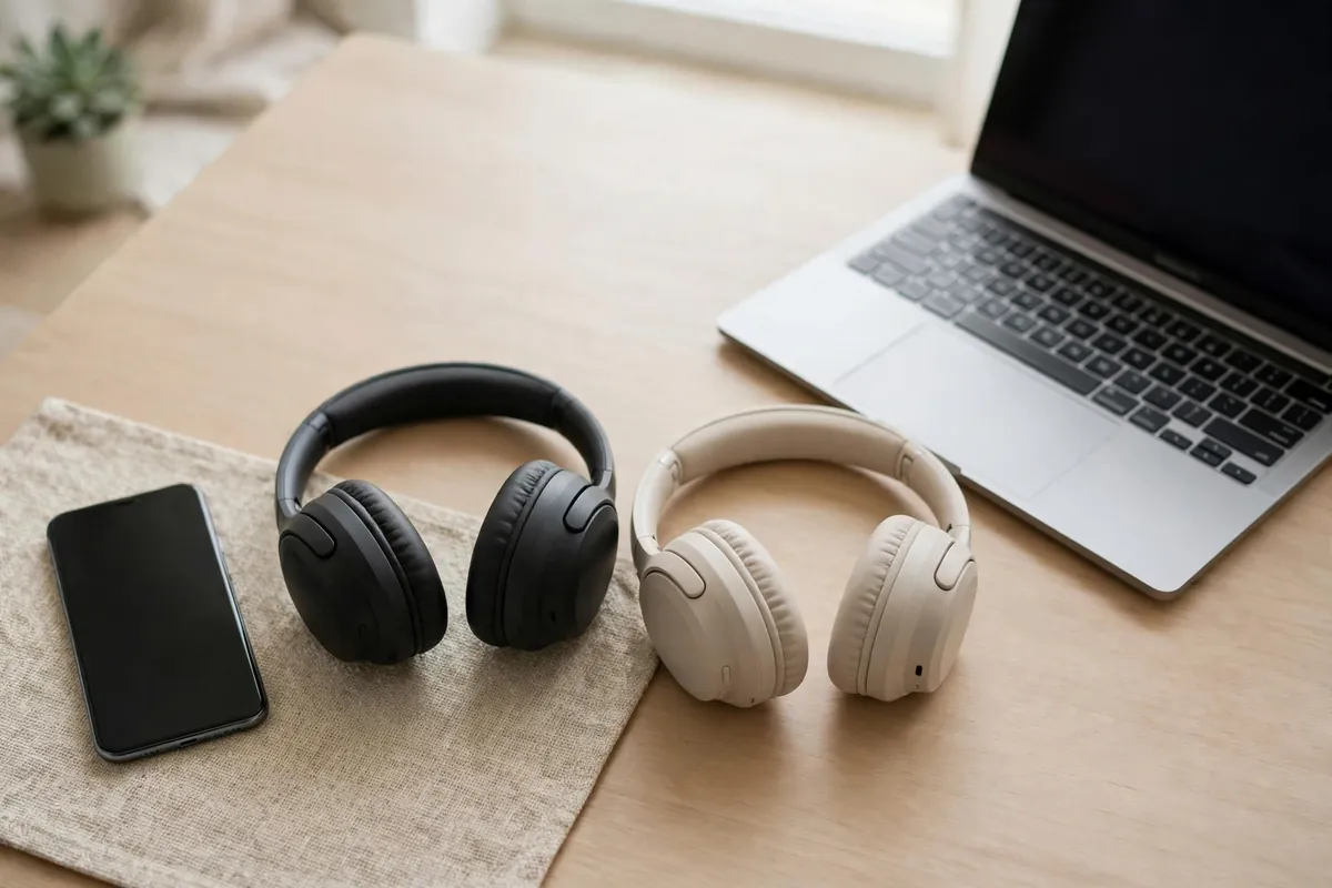 Two similar products on a table with a phone and laptop nearby
