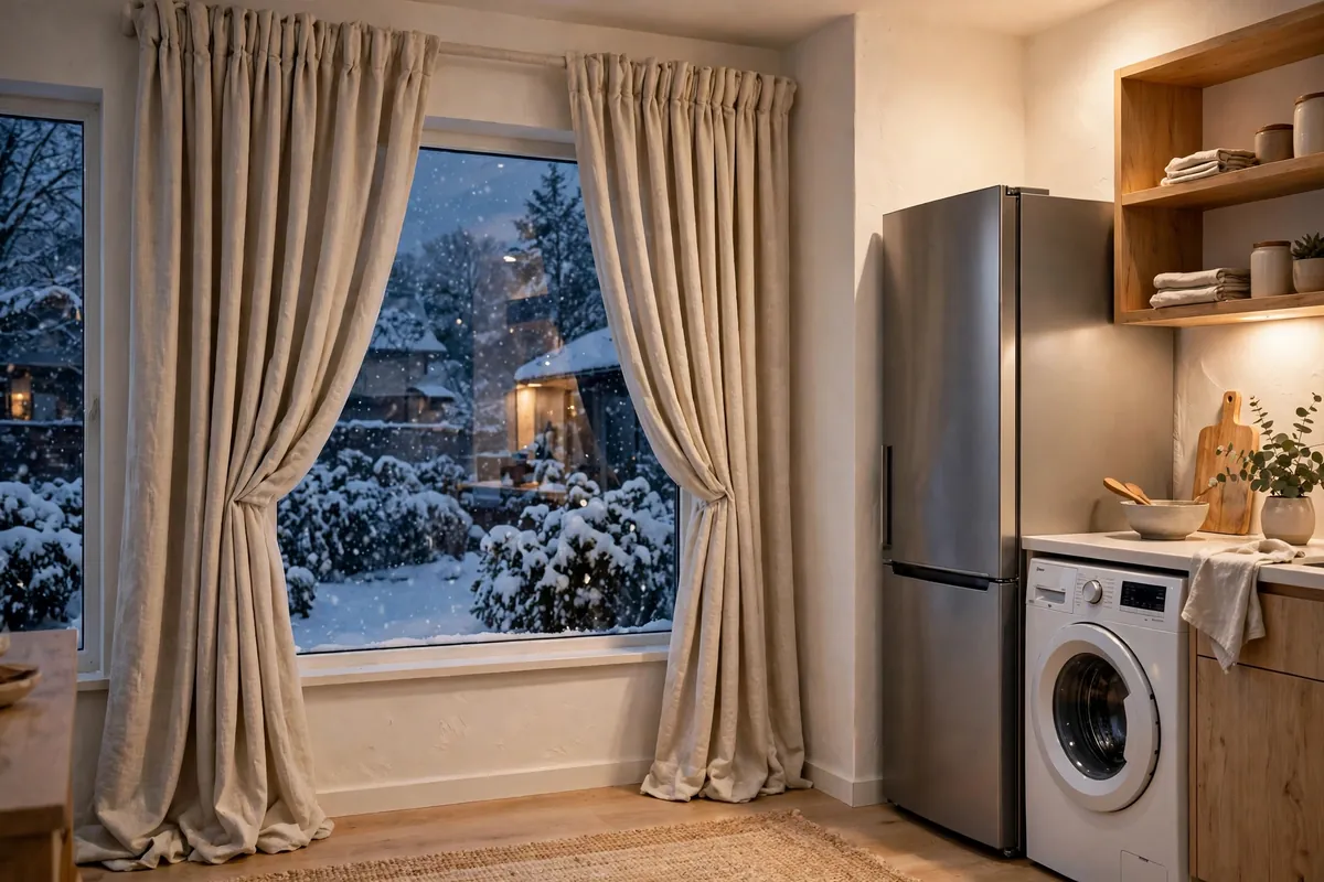 A warm kitchen in winter with a fridge and washing machine, and snow outside the window