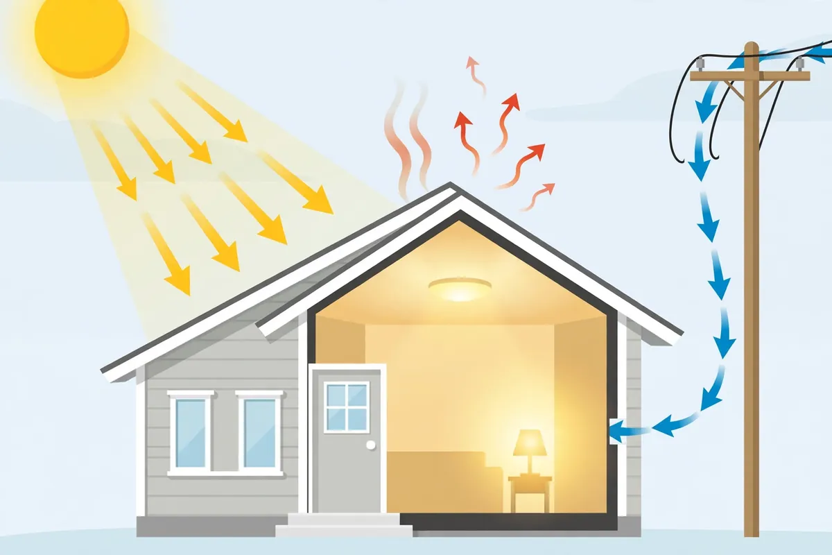 A home diagram showing energy coming in, useful light inside, and heat escaping from the roof