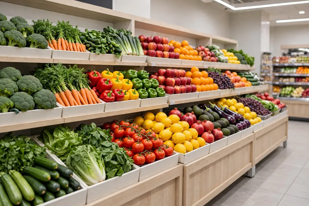 Fresh fruit and vegetables in a clean grocery store aisle