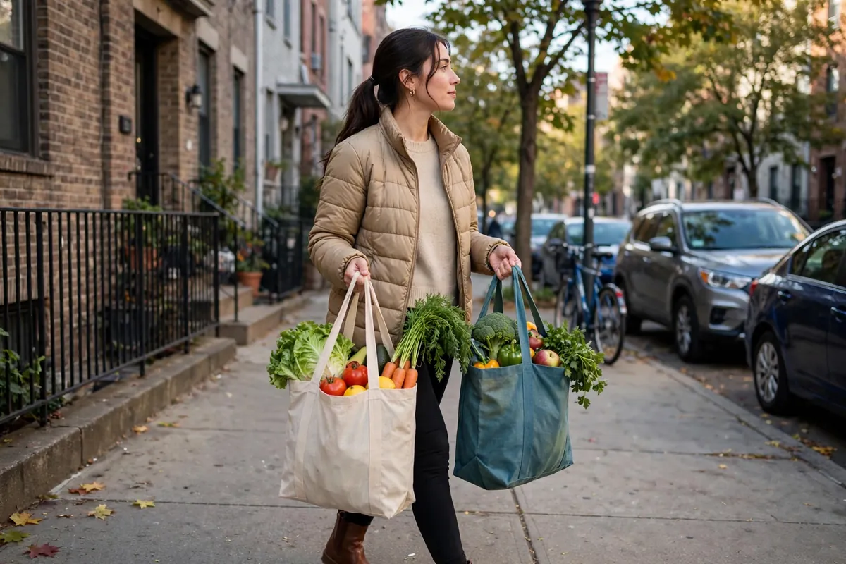 A person walking home carrying reusable grocery bags with fresh food
