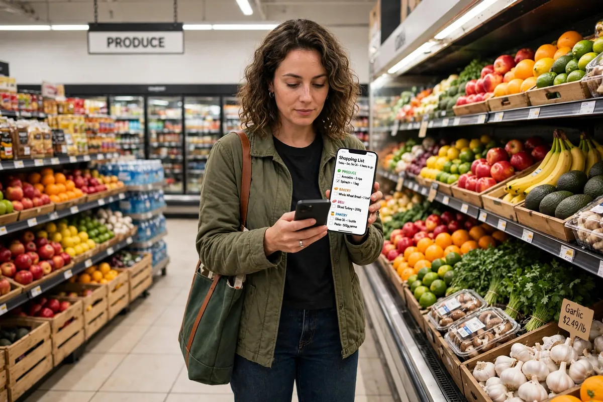 Shopper using grocery shopping apps with a list grouped by store section