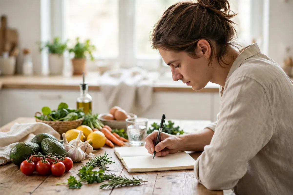 A person writing a grocery shopping list at a kitchen table with fresh food