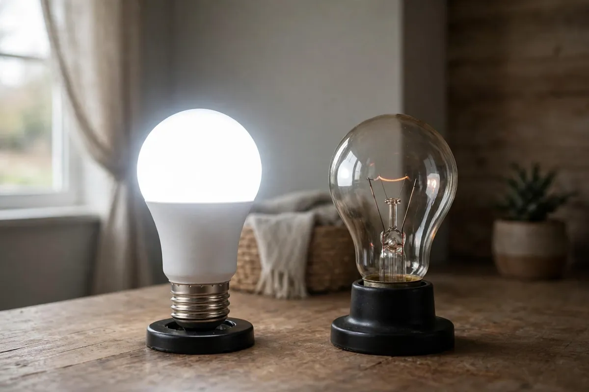A bright LED bulb next to an old dim bulb on a table