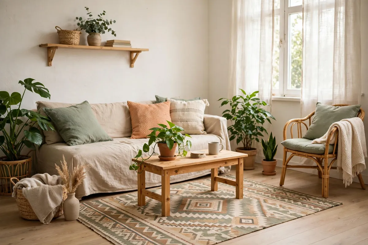Simple low-cost living room decor with plants, cushions, and a rug