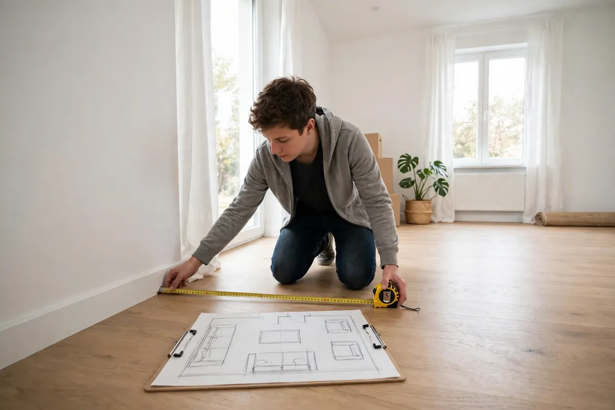 A person measuring a living room floor with a tape measure and a layout plan