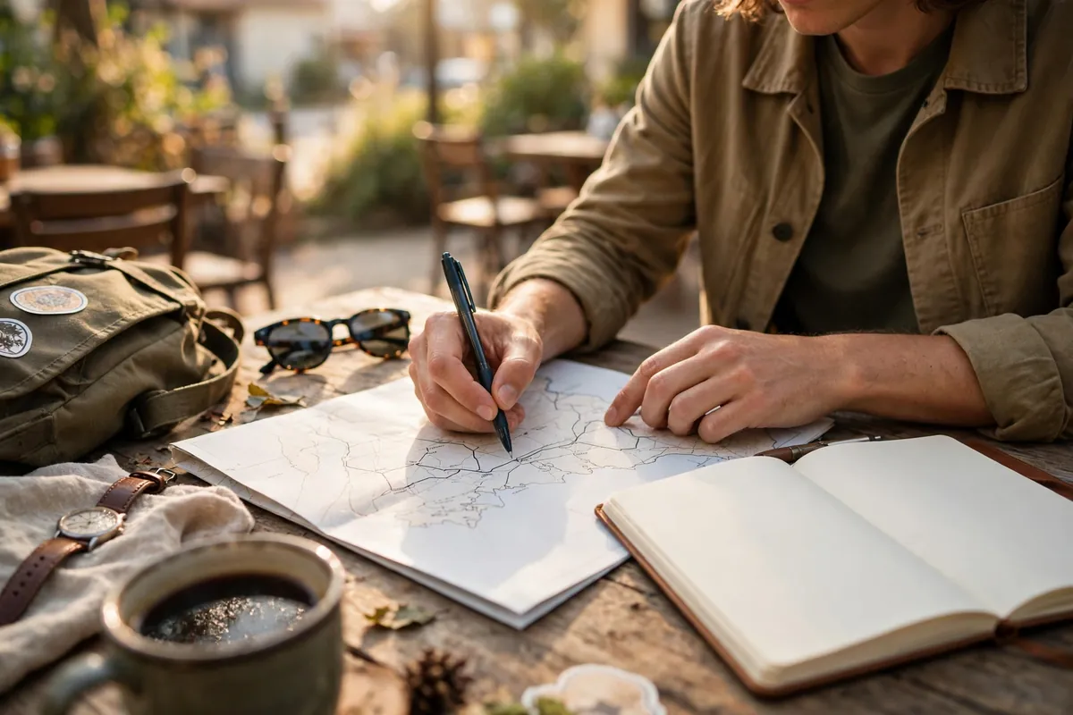 A traveler planning a trip with a paper map and a notebook on a table