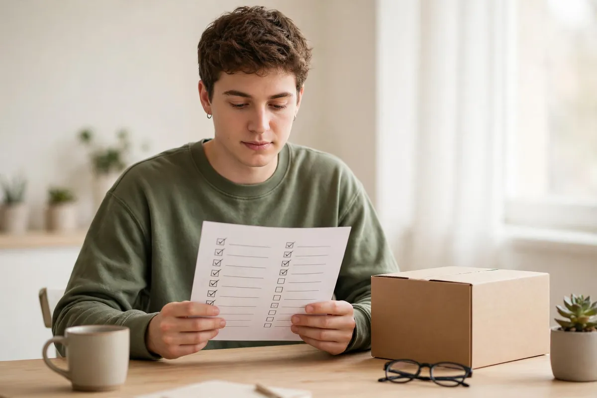 A person reading a printed checklist before buying, with a box nearby