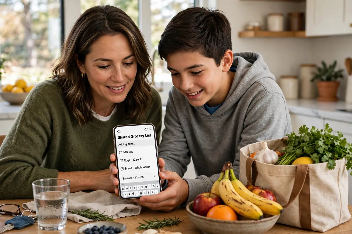 Family using grocery shopping apps with a shared grocery list on a phone