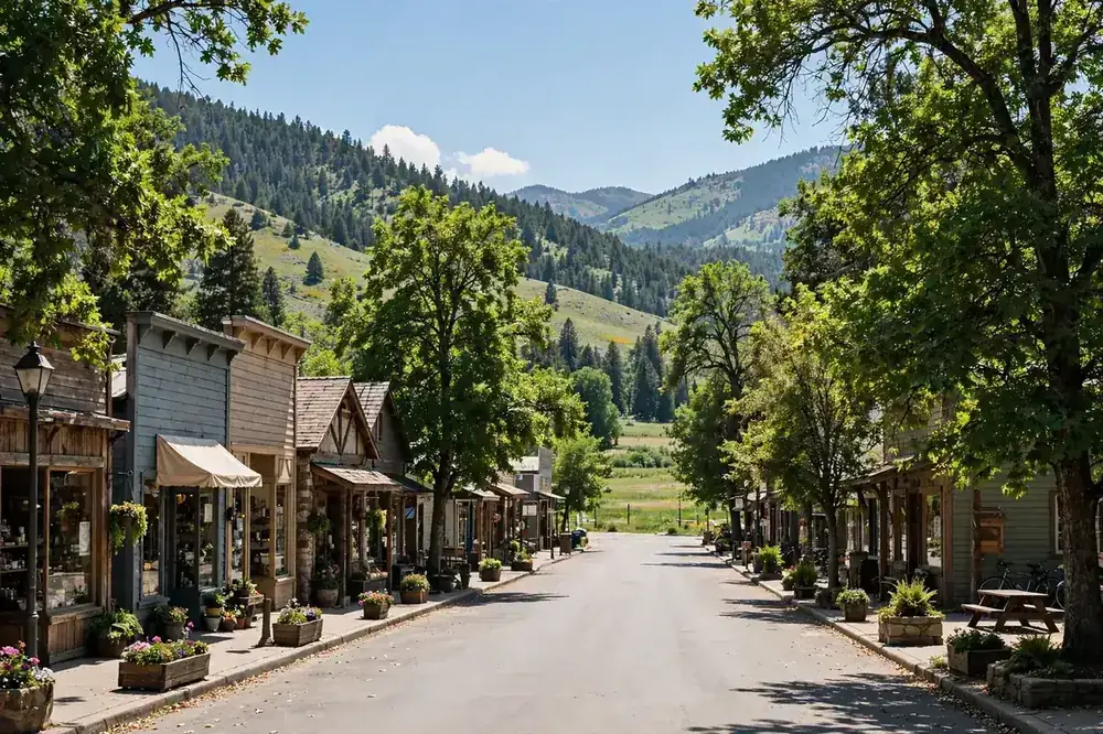 A quiet small-town main street with shops, trees, and hills behind it